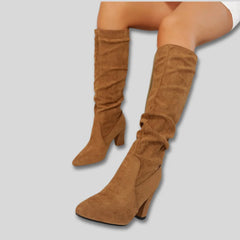 Stephanie Ruched Block Heel Knee-High Boots in Light Brown
