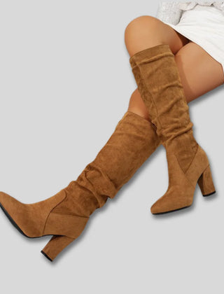 Stephanie Ruched Block Heel Knee-High Boots in Light Brown
