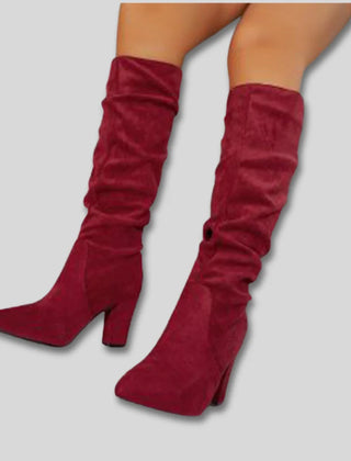 Stephanie Ruched Block Heel Knee-High Boots in Wine Red