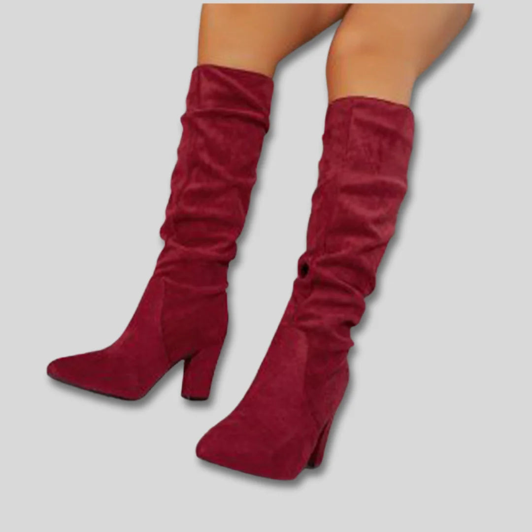 Stephanie Ruched Block Heel Knee-High Boots in Wine Red