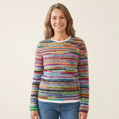 Suzanne Rainbow Striped Crew Neck Sweater in Multicolour, worn
