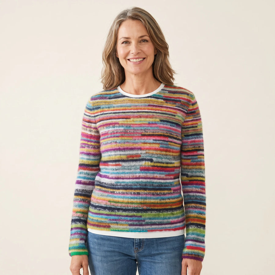 Suzanne Rainbow Striped Crew Neck Sweater in Multicolour, worn