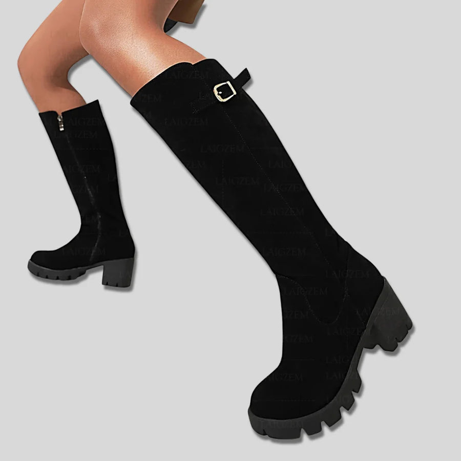 Sylvia Buckle Lug Sole Knee-High Boots in Black