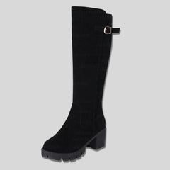 Sylvia Buckle Lug Sole Knee-High Boots in Black