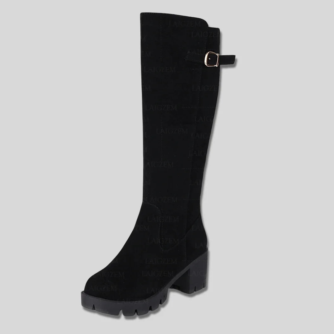 Sylvia Buckle Lug Sole Knee-High Boots in Black