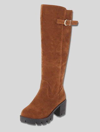 Sylvia Buckle Lug Sole Knee-High Boots in Brown