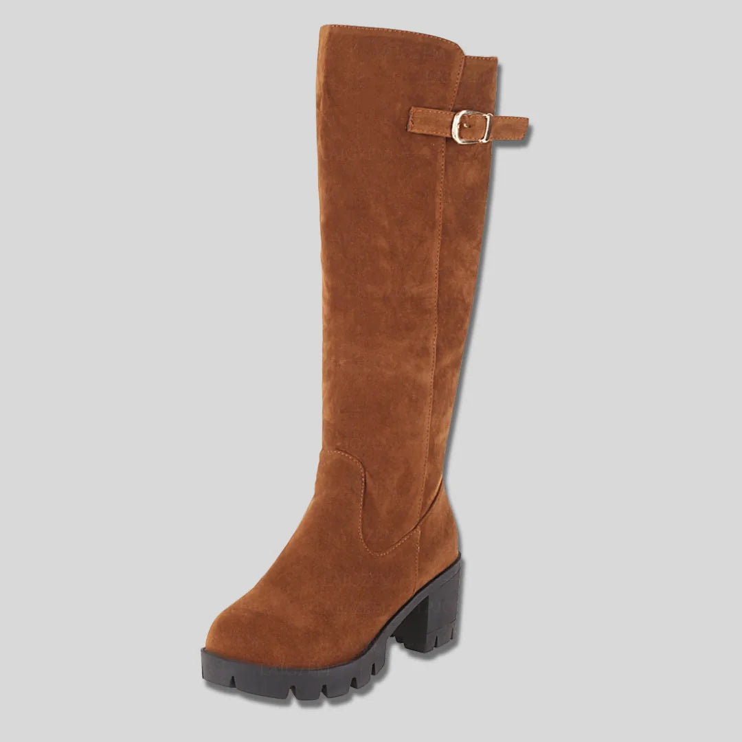 Sylvia Buckle Lug Sole Knee-High Boots in Brown