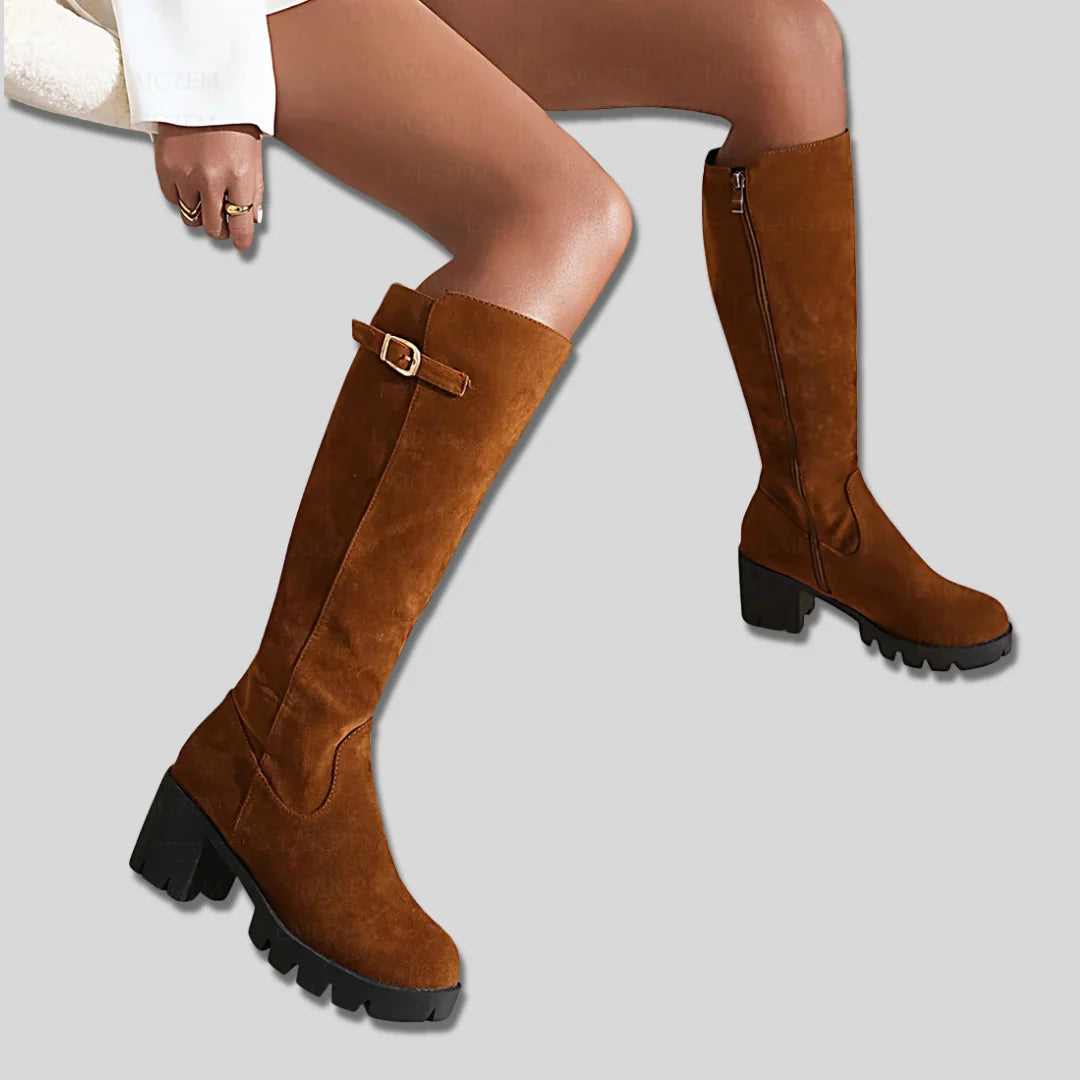 Sylvia Buckle Lug Sole Knee-High Boots in Brown
