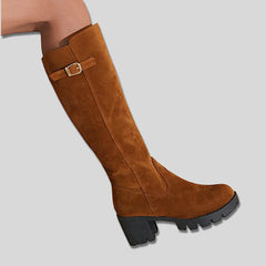 Sylvia Buckle Lug Sole Knee-High Boots in Brown