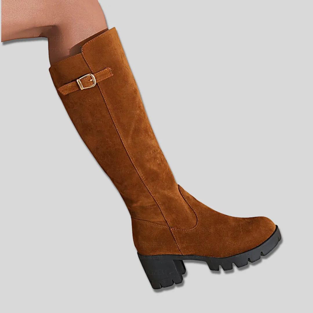 Sylvia Buckle Lug Sole Knee-High Boots in Brown