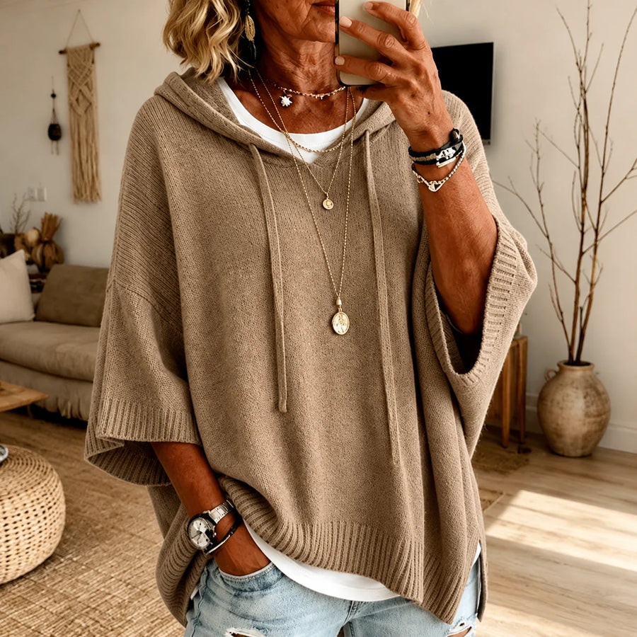 Tabitha Hooded Poncho Sweater in Taupe