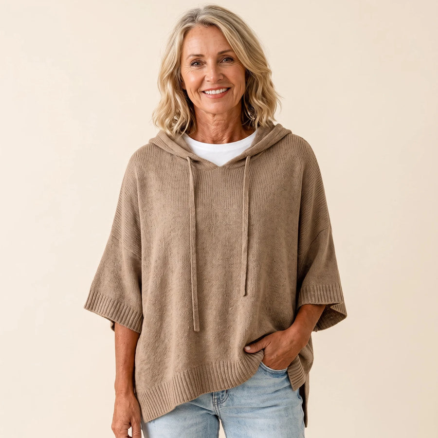 Tabitha Hooded Poncho Sweater in Taupe, worn