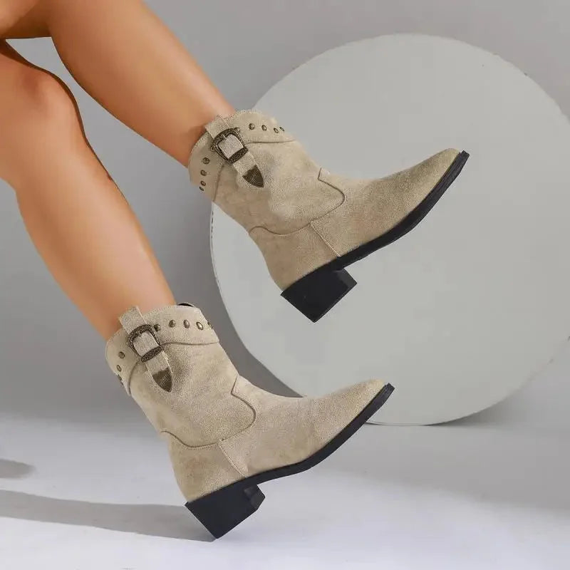 Tahlia Buckle Mid-Calf Western Boots in Beige