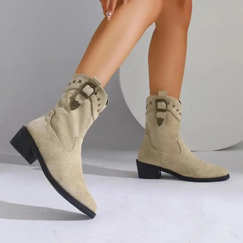 Tahlia Buckle Mid-Calf Western Boots in Beige