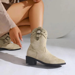 Tahlia Buckle Mid-Calf Western Boots in Beige