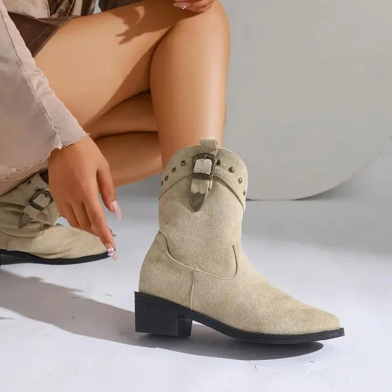 Tahlia Buckle Mid-Calf Western Boots in Beige