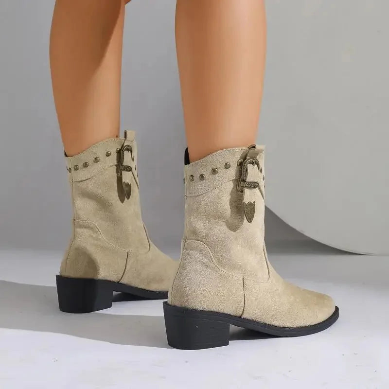 Tahlia Buckle Mid-Calf Western Boots in Beige