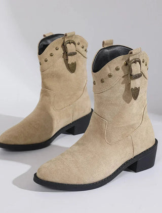 Tahlia Buckle Mid-Calf Western Boots in Beige
