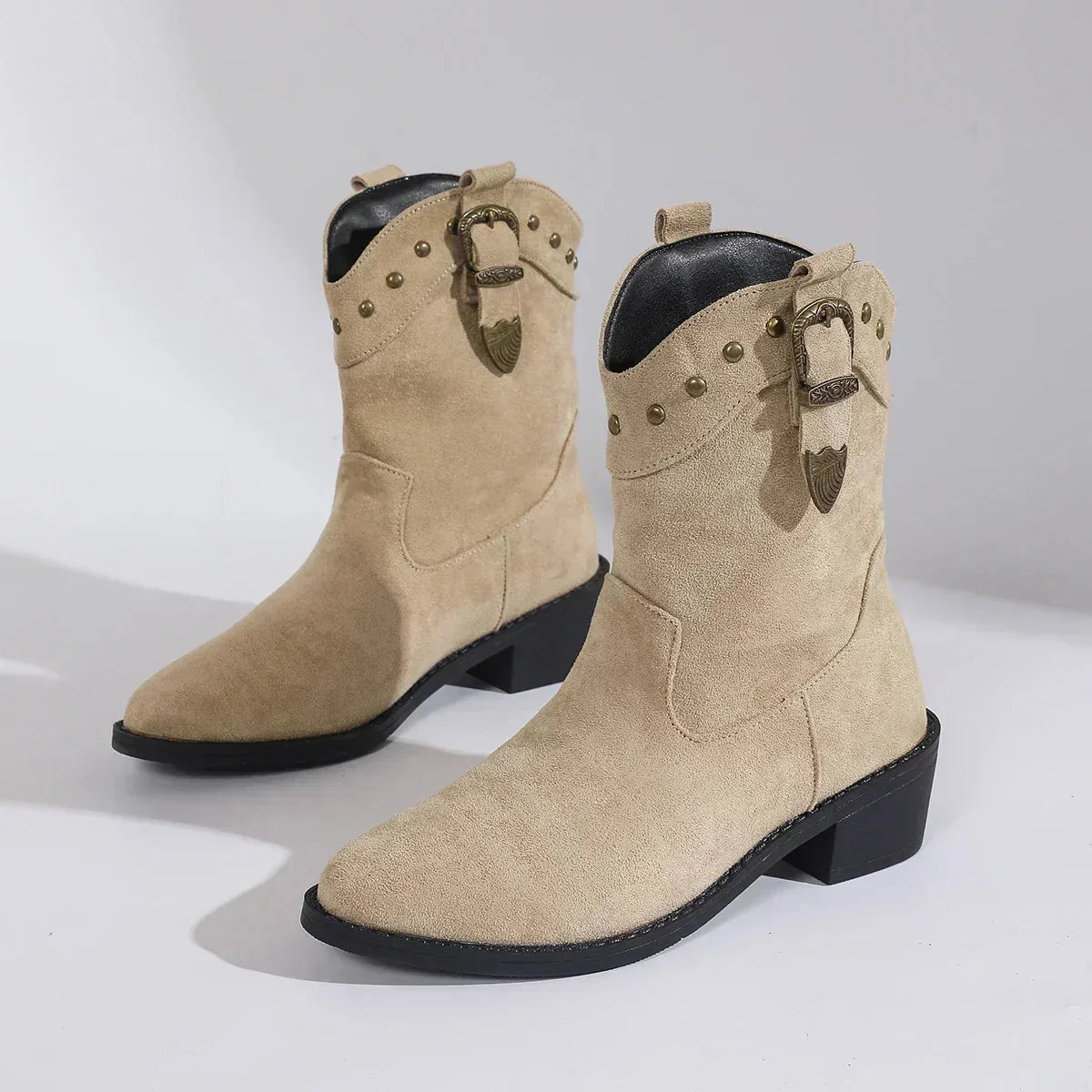 Tahlia Buckle Mid-Calf Western Boots in Beige