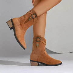 Tahlia Buckle Mid-Calf Western Boots in Brown