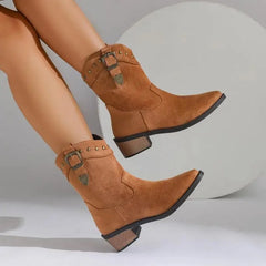 Tahlia Buckle Mid-Calf Western Boots in Brown