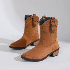Tahlia Buckle Mid-Calf Western Boots in Brown