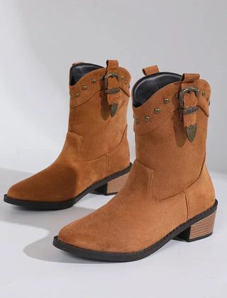Tahlia Buckle Mid-Calf Western Boots in Brown