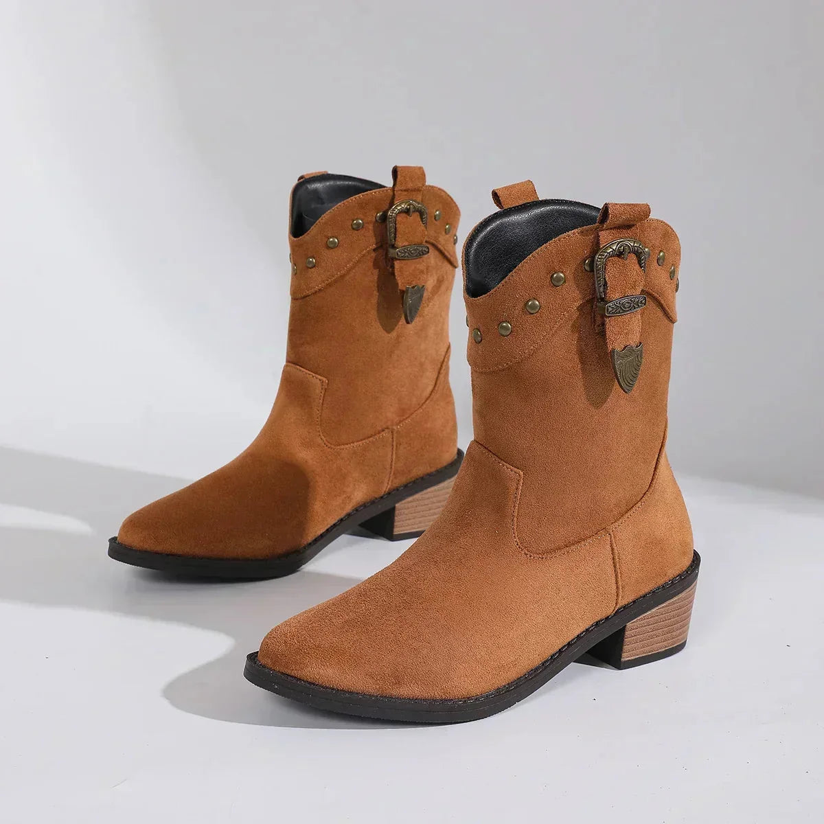 Tahlia Buckle Mid-Calf Western Boots in Brown