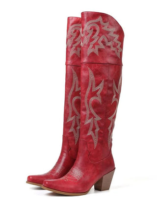 Tamara Embroidered Over-the-Knee Western Boots in Red