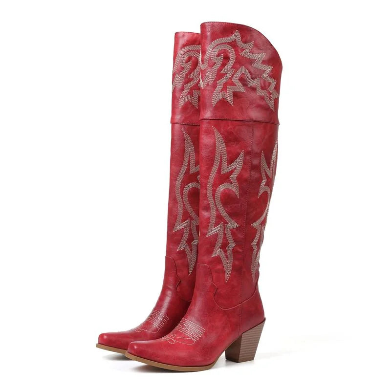 Tamara Embroidered Over-the-Knee Western Boots in Red