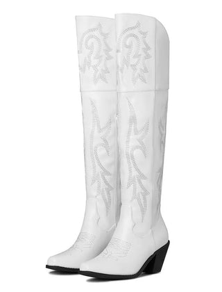 Tamara Embroidered Over-the-Knee Western Boots in White