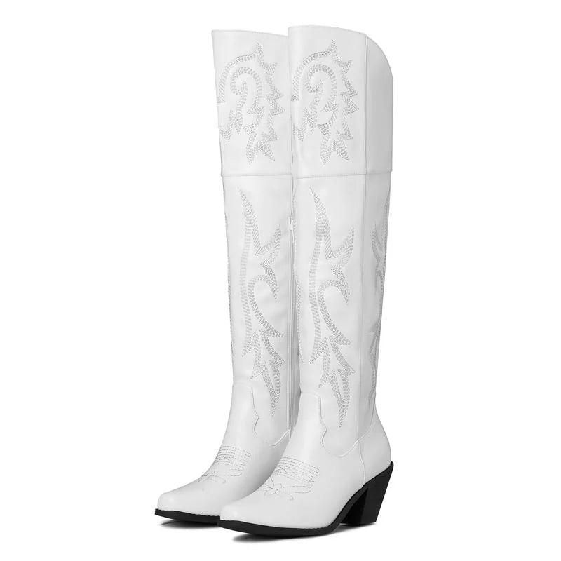 Tamara Embroidered Over-the-Knee Western Boots in White