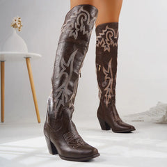 Tamara Embroidered Over-the-Knee Western Boots in Brown