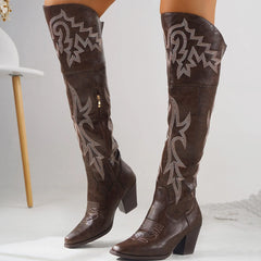 Tamara Embroidered Over-the-Knee Western Boots in Brown