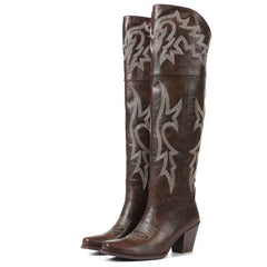 Tamara Embroidered Over-the-Knee Western Boots in Brown