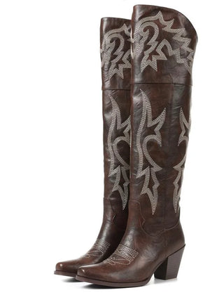 Tamara Embroidered Over-the-Knee Western Boots in Brown