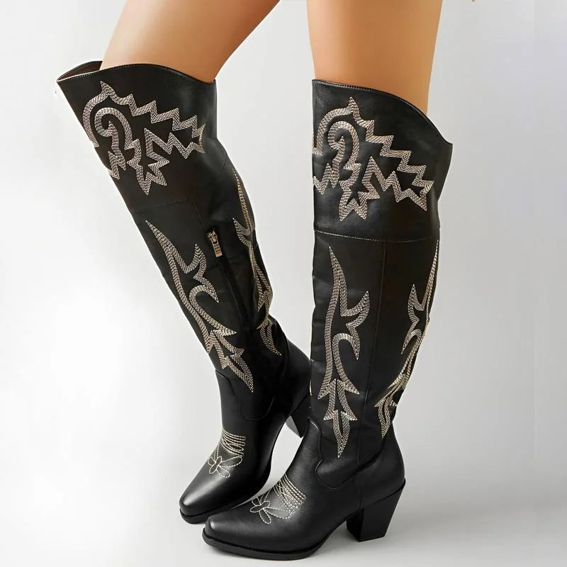 Tamara Embroidered Over-the-Knee Western Boots in Black