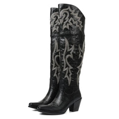 Tamara Embroidered Over-the-Knee Western Boots in Black