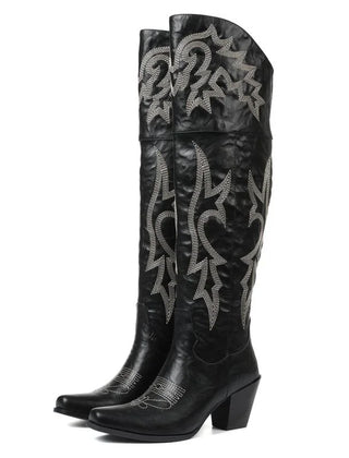 Tamara Embroidered Over-the-Knee Western Boots in Black