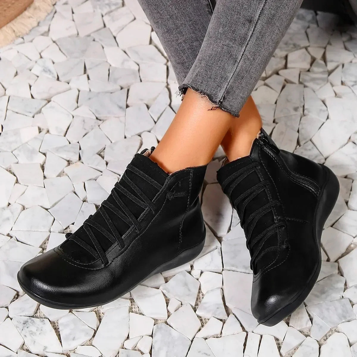 Tanya Lace Detail Comfort Ankle Boots in Black
