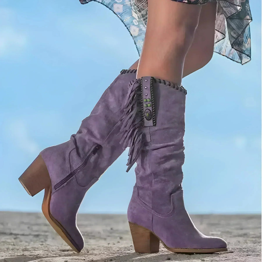 Tessa Fringe Slouch Western Boots in Purple