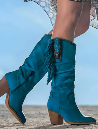 Tessa Fringe Slouch Western Boots in Teal Blue