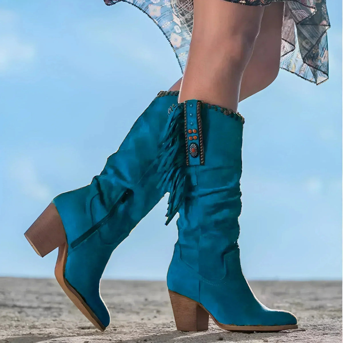 Tessa Fringe Slouch Western Boots in Teal Blue