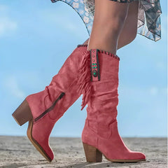 Tessa Fringe Slouch Western Boots in Red