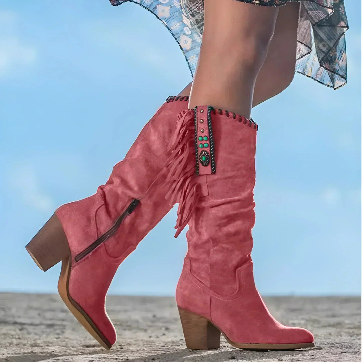 Tessa Fringe Slouch Western Boots in Red