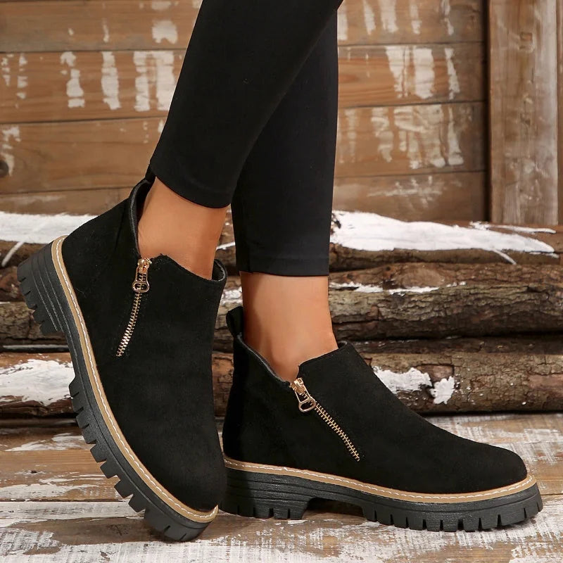 Theresa Side-Zip Lug Sole Winter Boots in Black