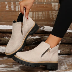 Theresa Side-Zip Lug Sole Winter Boots in Beige