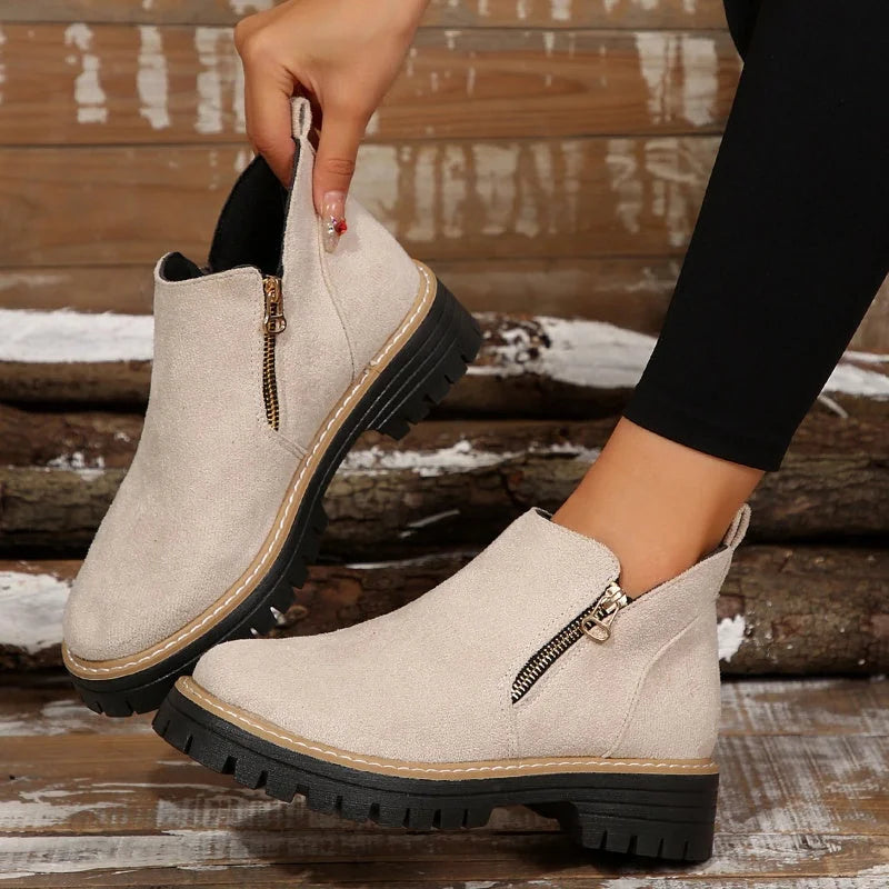 Theresa Side-Zip Lug Sole Winter Boots in Beige