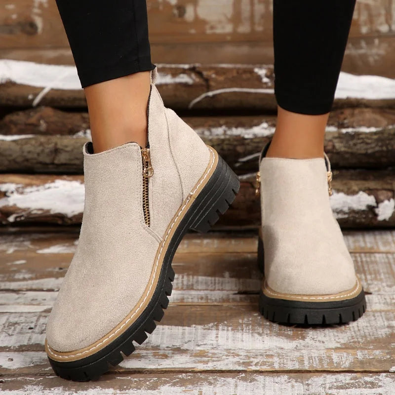Theresa Side-Zip Lug Sole Winter Boots in Beige