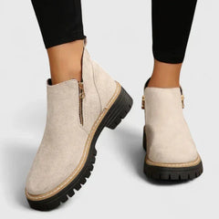 Theresa Side-Zip Lug Sole Winter Boots in Beige